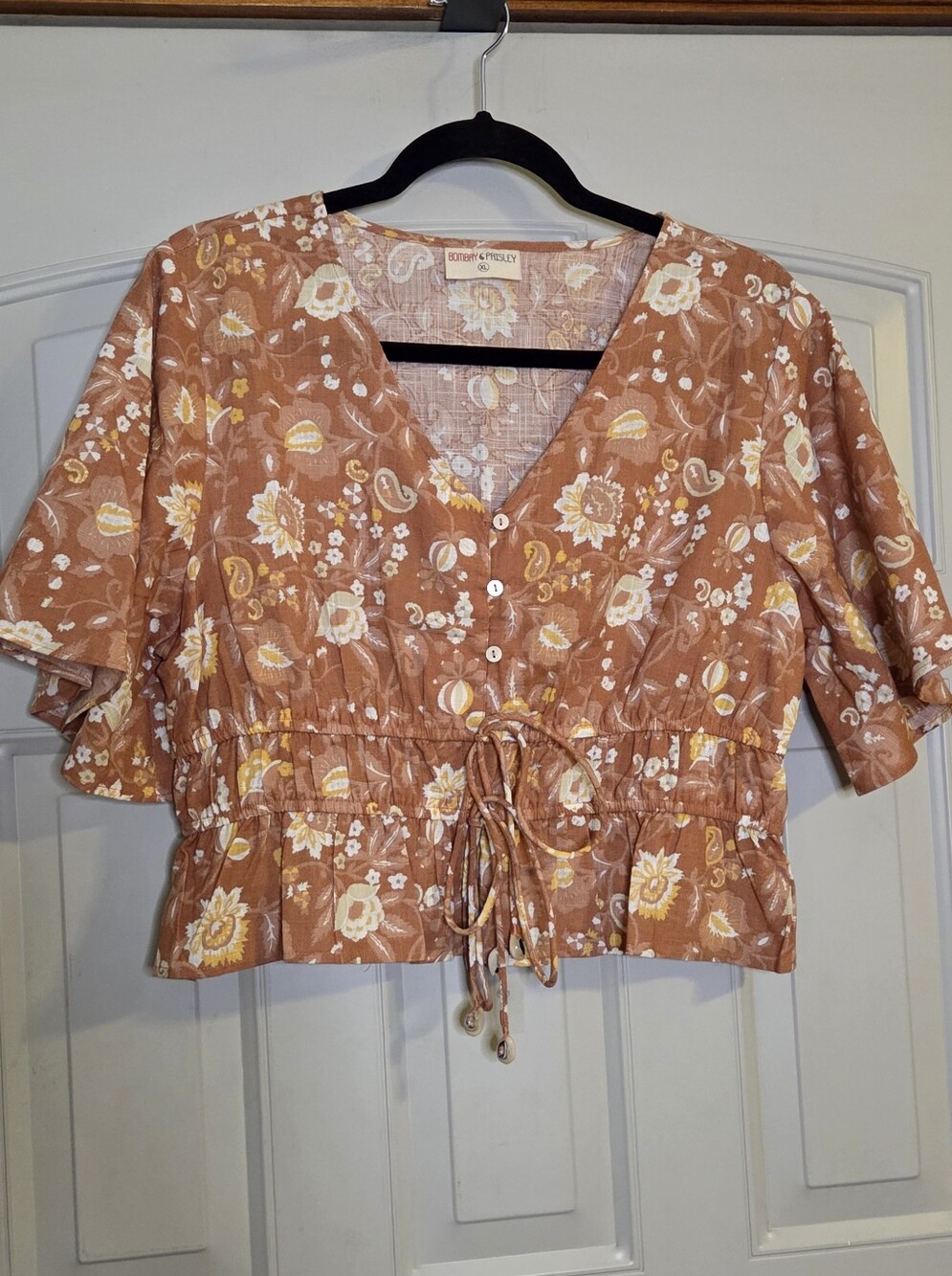 Bombay Paisley - Rust Floral V-Neck Drawstring Peplum Blouse